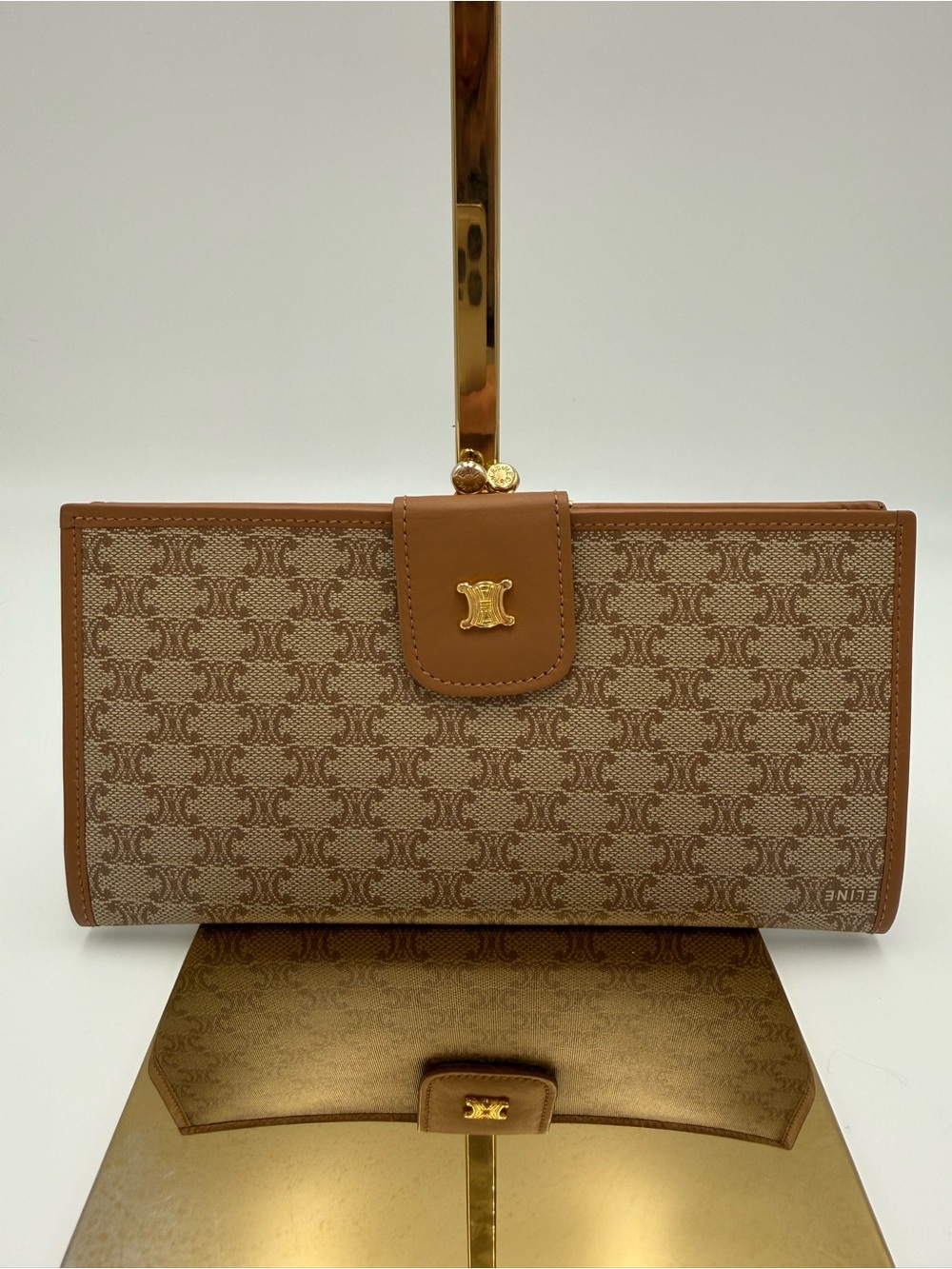 Celine Tan and Brown Monogram Wallet Clutch with Gold Hardware